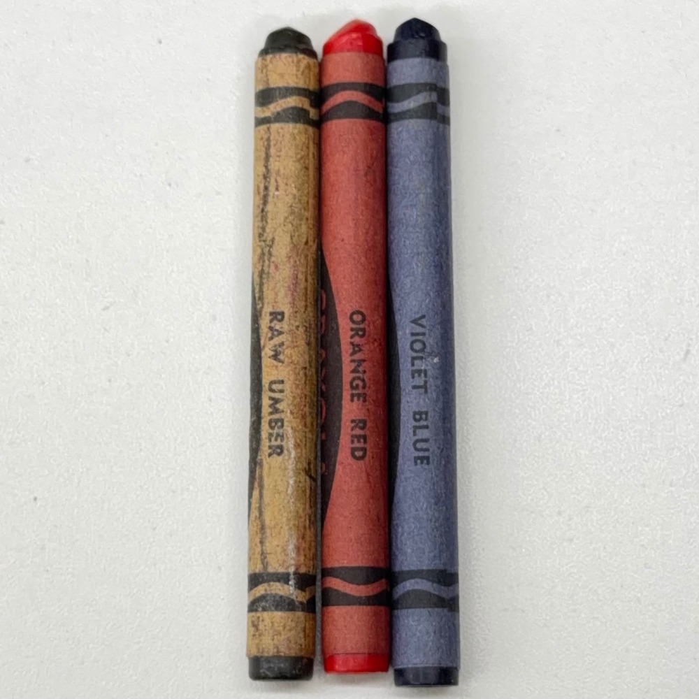 Vintage Binney & Smith Crayola Crayons Raw Umber Orange Red Violet Blue Set of 3